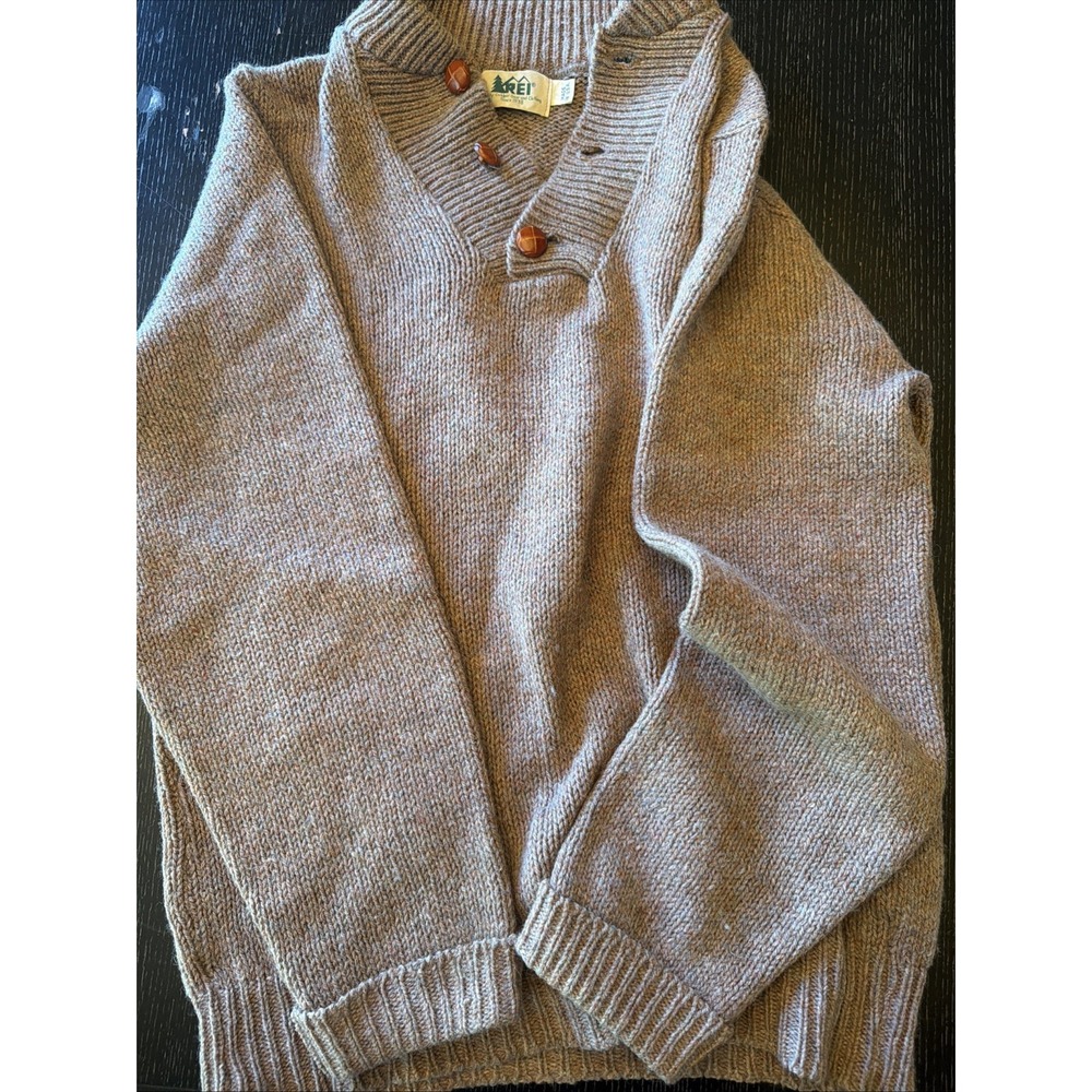 REI Heather Oatmeal Marled Knit Henley Sweater 3 Button Mens S Shawl Collar